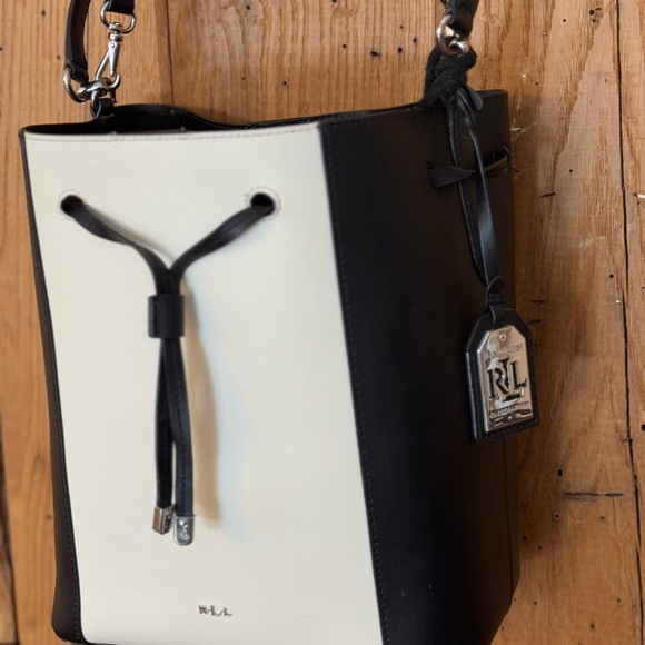 Authentic LAUREN RALPH LAUREN Black/White Leather Debby Bucket Handbag - Picture 16 of 16